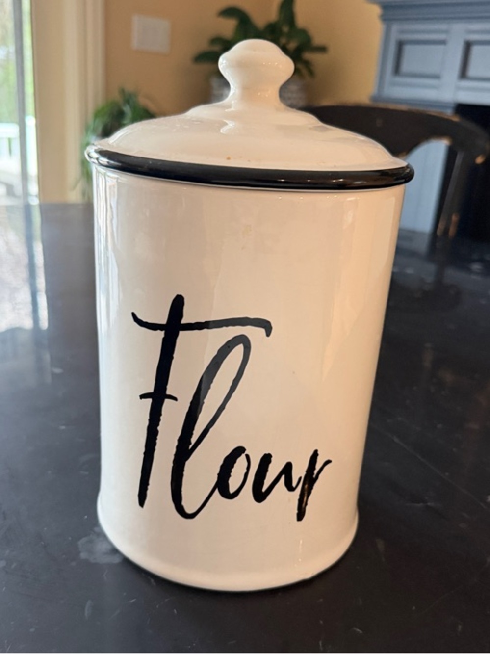 White Ceramic Flour Canister with Black Script Lid